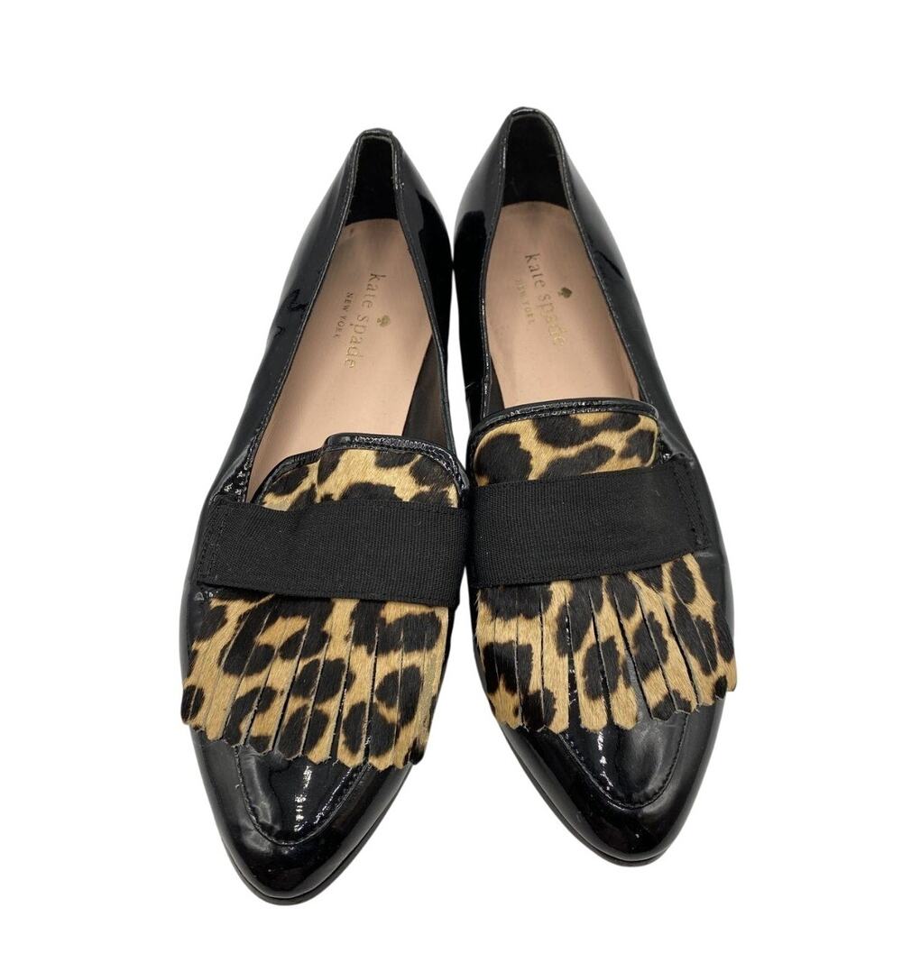 Kate Spade Cayla Leopard Calf Hair Kiltie Loafers Black Size 7